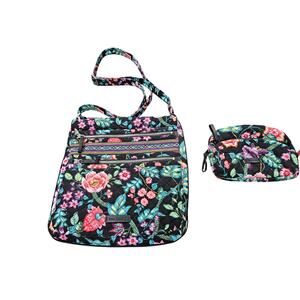 Retired Vera Bradley Vines Floral Triple Zip Cross Body Purse Handbag & Wallet